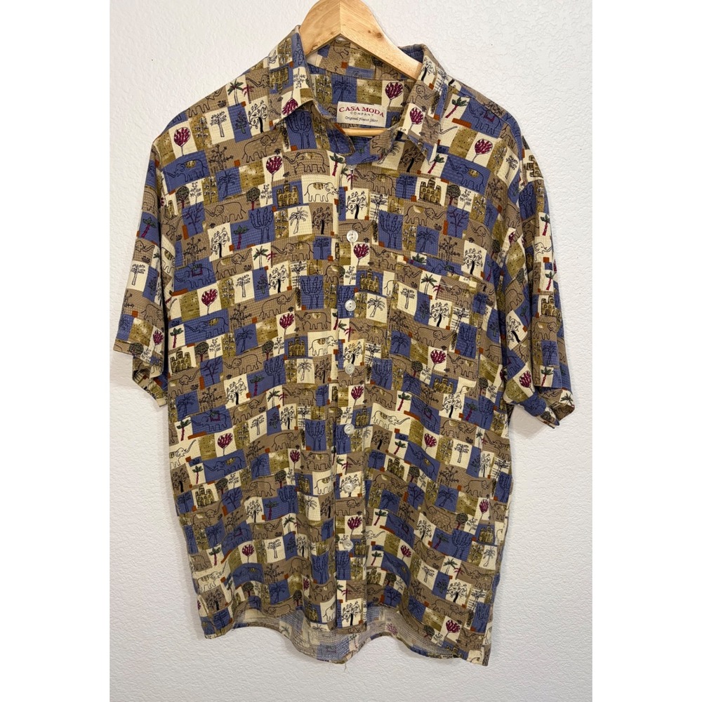 Casa Moda Company Mens L Elephant Safari Block Print Short Sleeve Button UpShirt